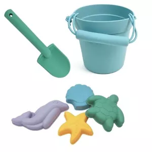 Jouets de plage en silicone (seau, pelle et 4 accessoires) - bleu