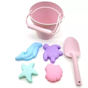 Jouets de plage en silicone (seau, pelle et 4 accessoires) - rose