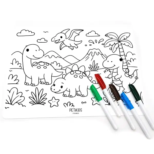 Set de Table à Colorier en Silicone - double face : thème Voitures/Dinosaures